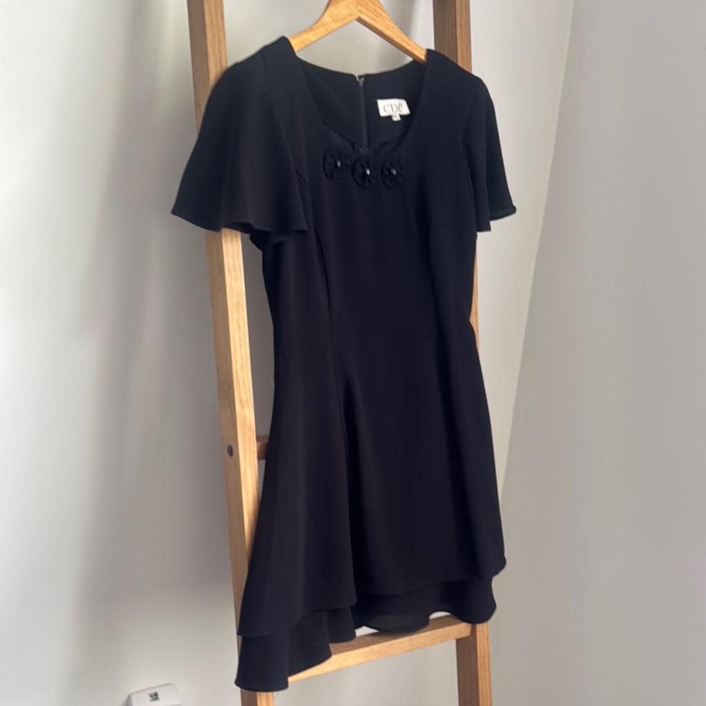Cdc Vintage | Size 4 Black Fit And Flare Mini Dress With Flutter Sleeves